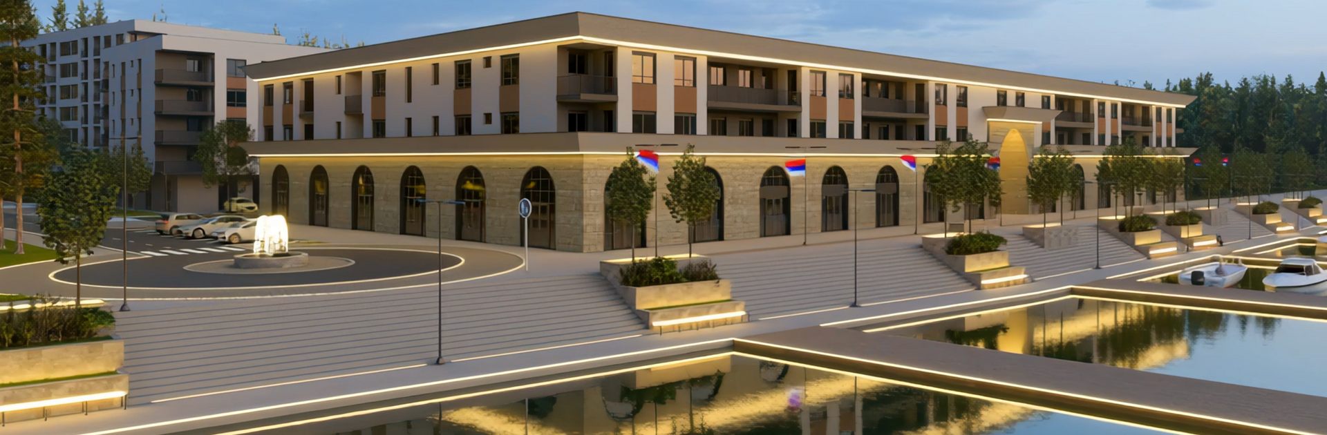 Nova Crnča u večernjem osvjetljenju: objekat s kamenim arkadama, stepenasta promenada i marina na Drini